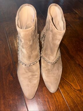 Women's Chanel Suede Pointed-Toe Ankle Boots with Chain Accent
